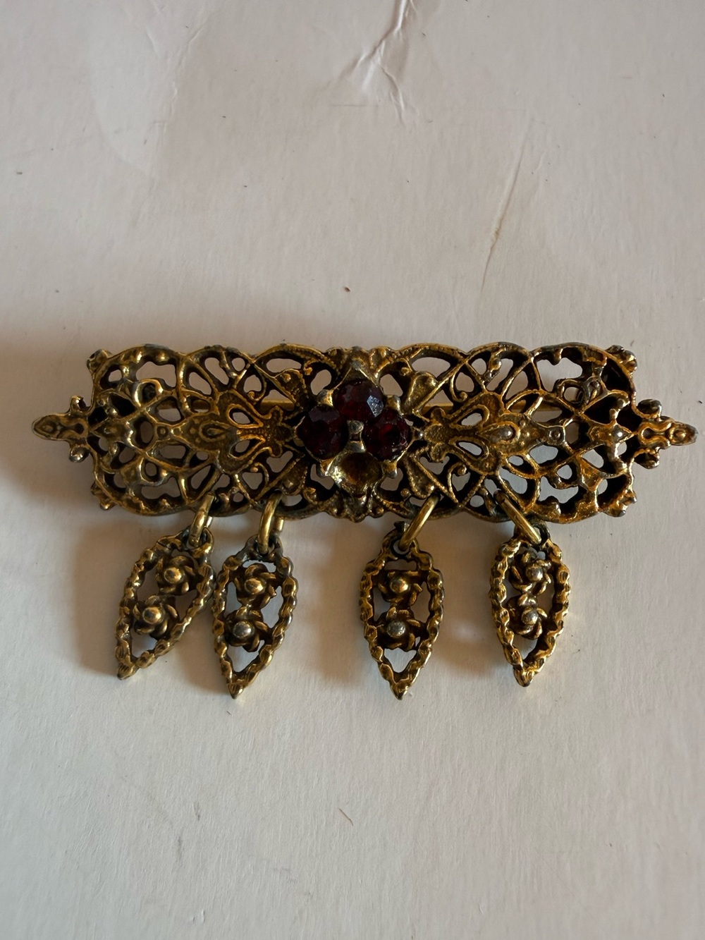 Vintage Brooch Pin w/ Little Dangles Featuring Four Red Stones  Glass Settings